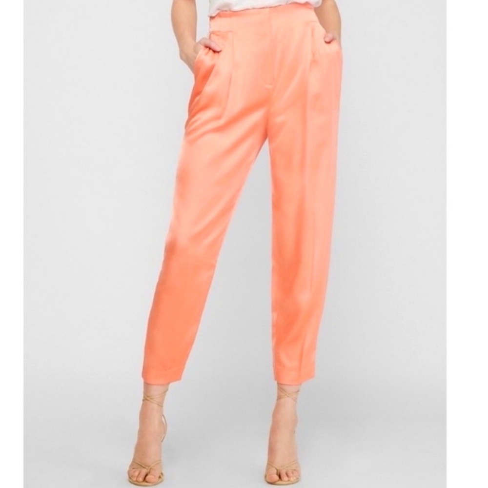 Express Satin Stunning Peachy Coral Pink High Rise Cropped Ankle Pant Size XL